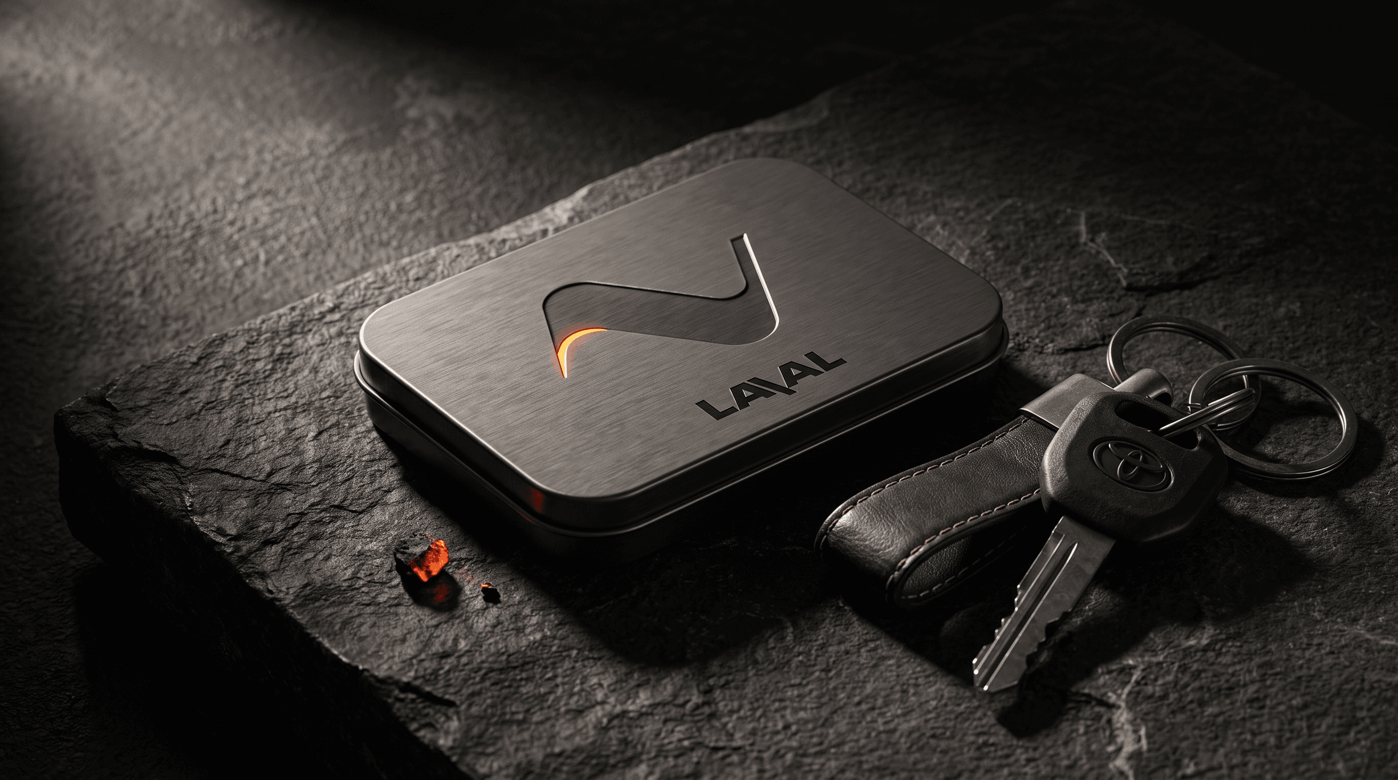 The LAVAL brushed-steel travel tin beside car keys on dark stone